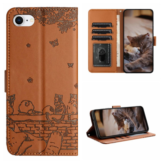 For iPhone 7 / 8 / SE 2020 / SE 2022 Cat Embossing Pattern Leather Phone Case with Lanyard(Brown)