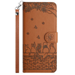 For iPhone 7 / 8 / SE 2020 / SE 2022 Cat Embossing Pattern Leather Phone Case with Lanyard(Brown)