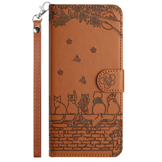 For iPhone 7 / 8 / SE 2020 / SE 2022 Cat Embossing Pattern Leather Phone Case with Lanyard(Brown)