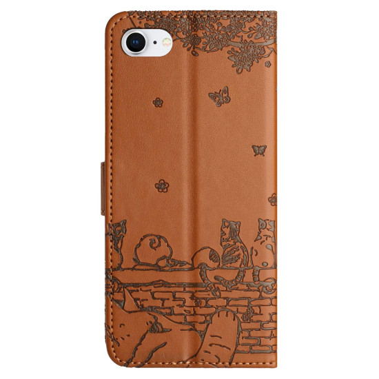 For iPhone 7 / 8 / SE 2020 / SE 2022 Cat Embossing Pattern Leather Phone Case with Lanyard(Brown)