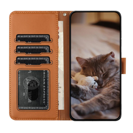 For iPhone 7 / 8 / SE 2020 / SE 2022 Cat Embossing Pattern Leather Phone Case with Lanyard(Brown)