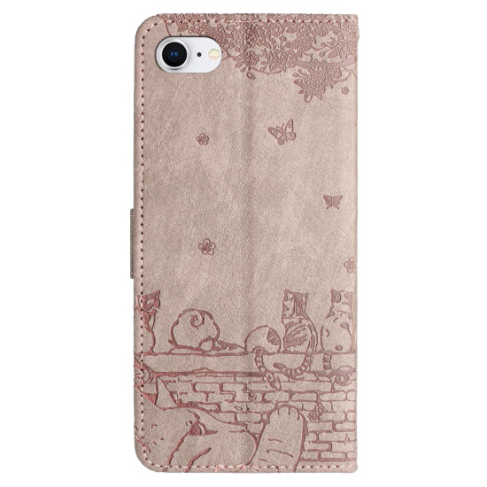 For iPhone 7 / 8 / SE 2020 / SE 2022 Cat Embossing Pattern Leather Phone Case with Lanyard(Grey)