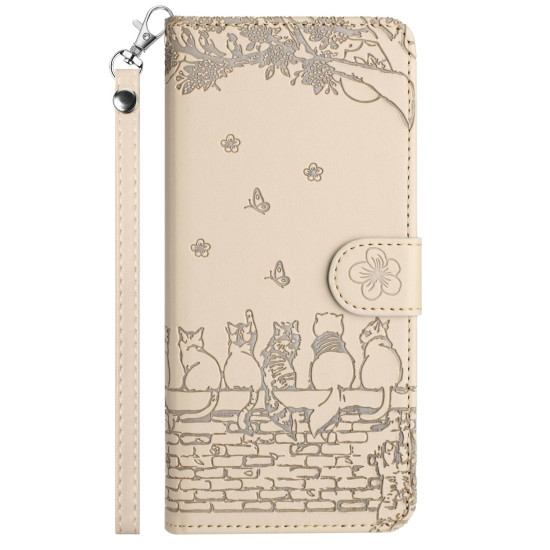 For iPhone 7 / 8 / SE 2020 / SE 2022 Cat Embossing Pattern Leather Phone Case with Lanyard(Beige)