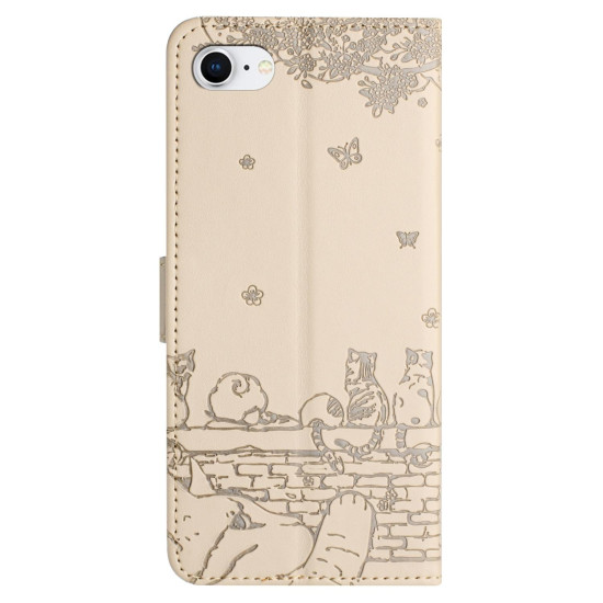 For iPhone 7 / 8 / SE 2020 / SE 2022 Cat Embossing Pattern Leather Phone Case with Lanyard(Beige)