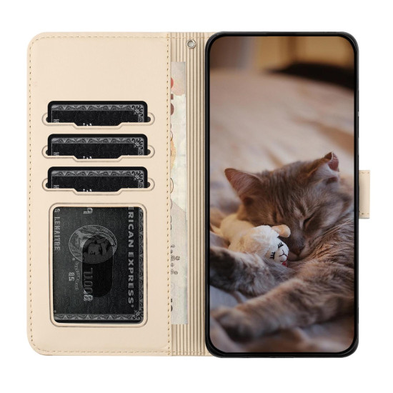 For iPhone 7 / 8 / SE 2020 / SE 2022 Cat Embossing Pattern Leather Phone Case with Lanyard(Beige)