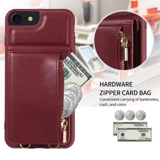 For iPhone SE 2022/ 7 / 8 Crossbody Lanyard Zipper Wallet Leather Phone Case(Wine Red)