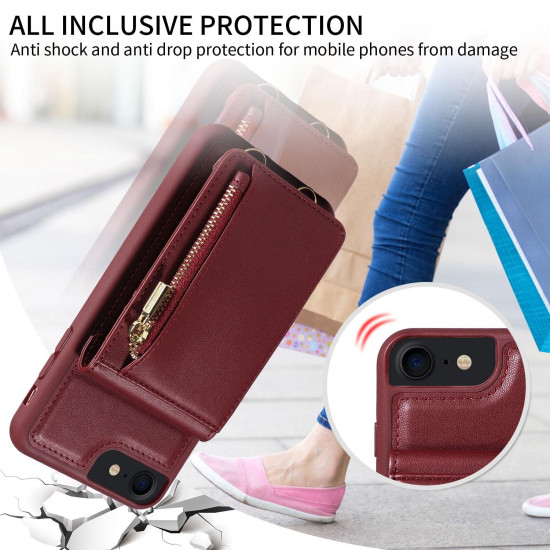 For iPhone SE 2022/ 7 / 8 Crossbody Lanyard Zipper Wallet Leather Phone Case(Wine Red)