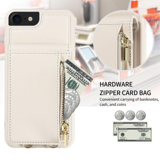 For iPhone SE 2022/ 7 / 8 Crossbody Lanyard Zipper Wallet Leather Phone Case(Beige)