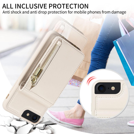 For iPhone SE 2022/ 7 / 8 Crossbody Lanyard Zipper Wallet Leather Phone Case(Beige)