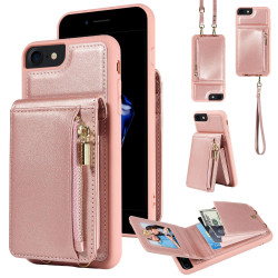 For iPhone SE 2022/ 7 / 8 Crossbody Lanyard Zipper Wallet Leather Phone Case(Rose Gold)