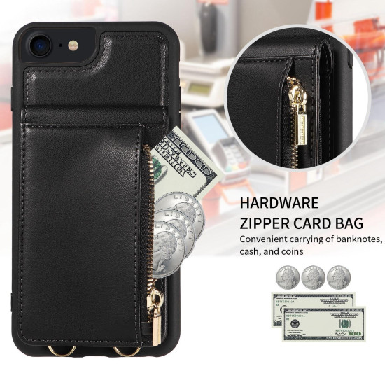 For iPhone SE 2022/ 7 / 8 Crossbody Lanyard Zipper Wallet Leather Phone Case(Black)