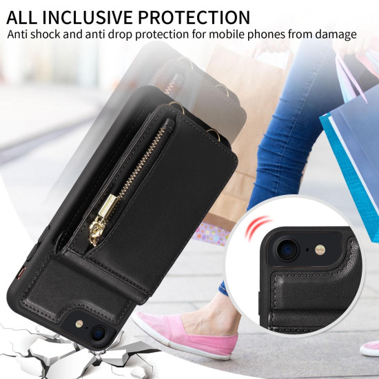 For iPhone SE 2022/ 7 / 8 Crossbody Lanyard Zipper Wallet Leather Phone Case(Black)