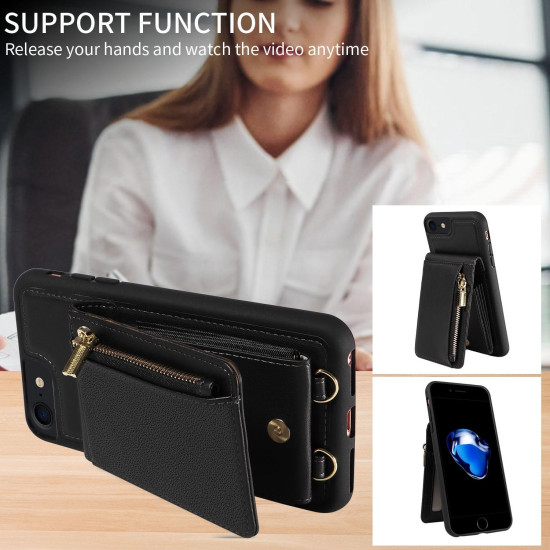 For iPhone SE 2022/ 7 / 8 Crossbody Lanyard Zipper Wallet Leather Phone Case(Black)