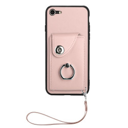 For iPhone SE 2022/SE 2020/6/7/8 Organ Card Bag Ring Holder PU Phone Case with Lanyard(Pink)