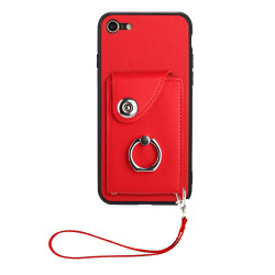 For iPhone SE 2022/SE 2020/6/7/8 Organ Card Bag Ring Holder PU Phone Case with Lanyard(Red)