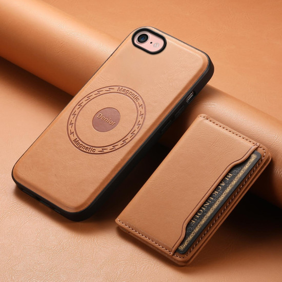 For iPhone SE 2022/2020/8/7 Denior Cowhide Texture Leather MagSafe Detachable Wallet Phone Case(Khaki)