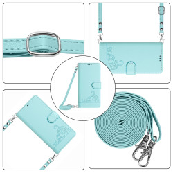 For iPhone SE 2022/SE 2020/6/7/8 Cat Rat Embossed Pattern RFID Leather Phone Case with Lanyard(Mint Green)