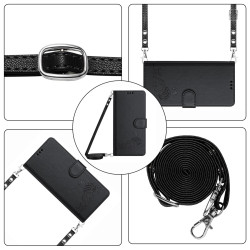 For iPhone SE 2022/SE 2020/6/7/8 Cat Rat Embossed Pattern RFID Leather Phone Case with Lanyard(Black)