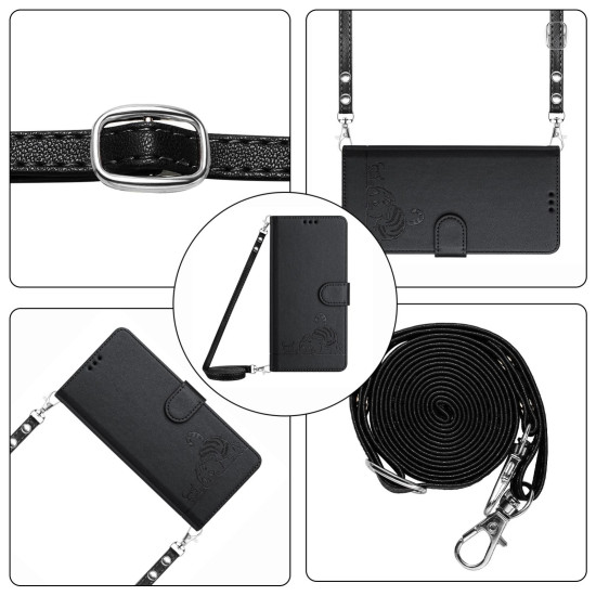 For iPhone SE 2022/SE 2020/6/7/8 Cat Rat Embossed Pattern RFID Leather Phone Case with Lanyard(Black)