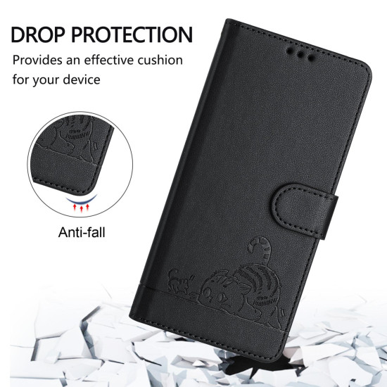 For iPhone SE 2022/SE 2020/6/7/8 Cat Rat Embossed Pattern RFID Leather Phone Case with Lanyard(Black)