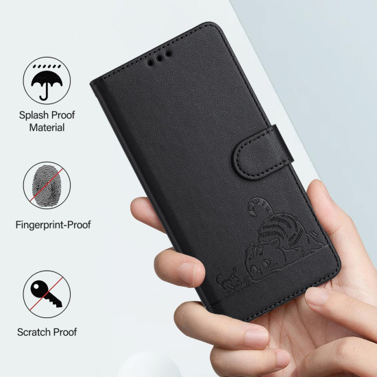 For iPhone SE 2022/SE 2020/6/7/8 Cat Rat Embossed Pattern RFID Leather Phone Case with Lanyard(Black)