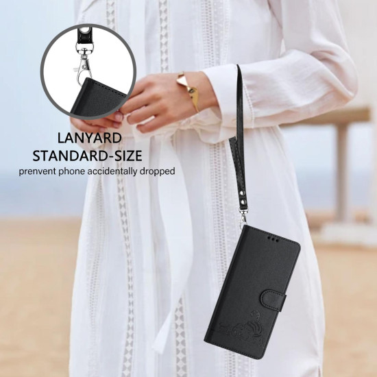 For iPhone SE 2022/SE 2020/6/7/8 Cat Rat Embossed Pattern RFID Leather Phone Case with Lanyard(Black)