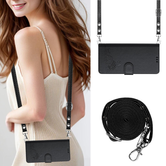 For iPhone SE 2022/SE 2020/6/7/8 Cat Rat Embossed Pattern RFID Leather Phone Case with Lanyard(Black)