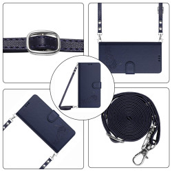 For iPhone SE 2022/SE 2020/6/7/8 Cat Rat Embossed Pattern RFID Leather Phone Case with Lanyard(Blue)
