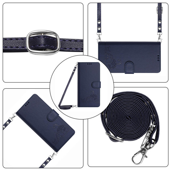 For iPhone SE 2022/SE 2020/6/7/8 Cat Rat Embossed Pattern RFID Leather Phone Case with Lanyard(Blue)