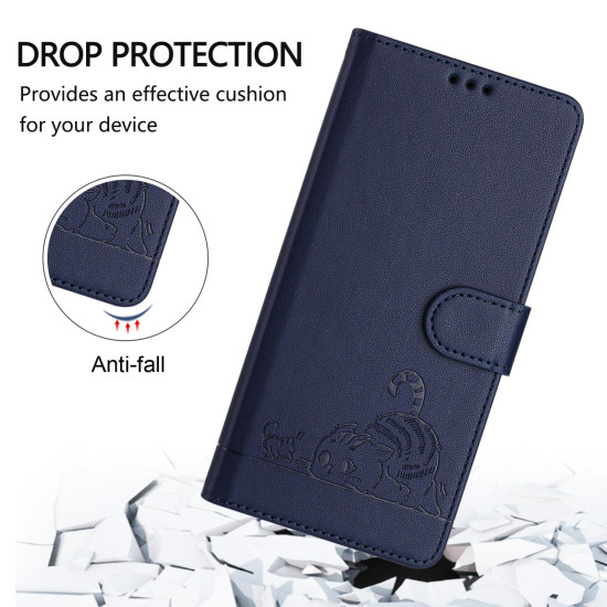 For iPhone SE 2022/SE 2020/6/7/8 Cat Rat Embossed Pattern RFID Leather Phone Case with Lanyard(Blue)