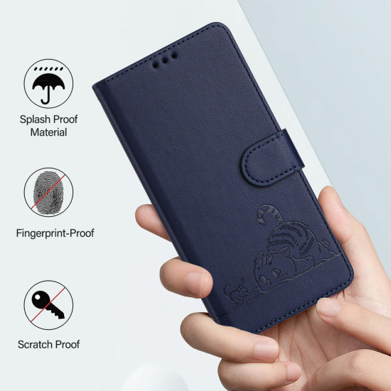 For iPhone SE 2022/SE 2020/6/7/8 Cat Rat Embossed Pattern RFID Leather Phone Case with Lanyard(Blue)