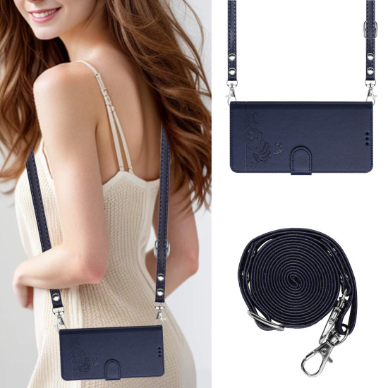 For iPhone SE 2022/SE 2020/6/7/8 Cat Rat Embossed Pattern RFID Leather Phone Case with Lanyard(Blue)