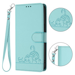 For iPhone SE Cat Rat Embossed Pattern RFID PU Phone Case with Wrist Strap(Mint Green)