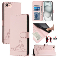 For iPhone SE Cat Rat Embossed Pattern RFID PU Phone Case with Wrist Strap(Pink)