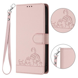 For iPhone SE Cat Rat Embossed Pattern RFID PU Phone Case with Wrist Strap(Pink)