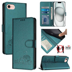 For iPhone SE Cat Rat Embossed Pattern RFID PU Phone Case with Wrist Strap(Peacock Green)