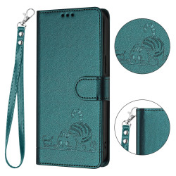 For iPhone SE Cat Rat Embossed Pattern RFID PU Phone Case with Wrist Strap(Peacock Green)