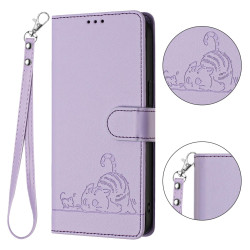 For iPhone SE Cat Rat Embossed Pattern RFID PU Phone Case with Wrist Strap(Purple)