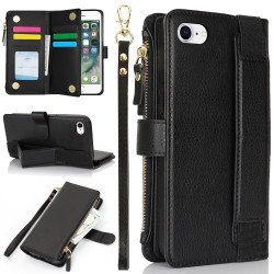 For iPhone SE 2022 / SE 2020 Wristband Holder Zipper Purse RFID Leather Phone Case(Black)