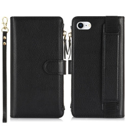 For iPhone SE 2022 / SE 2020 Wristband Holder Zipper Purse RFID Leather Phone Case(Black)