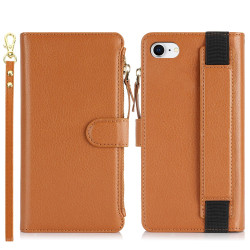 For iPhone SE 2022 / SE 2020 Wristband Holder Zipper Purse RFID Leather Phone Case(Brown)