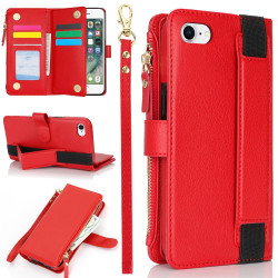 For iPhone SE 2022 / SE 2020 Wristband Holder Zipper Purse RFID Leather Phone Case(Red)