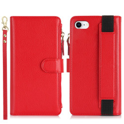 For iPhone SE 2022 / SE 2020 Wristband Holder Zipper Purse RFID Leather Phone Case(Red)