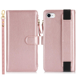 For iPhone SE 2022 / SE 2020 Wristband Holder Zipper Purse RFID Leather Phone Case(Rose Gold)