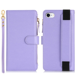 For iPhone SE 2022 / SE 2020 Wristband Holder Zipper Purse RFID Leather Phone Case(Purple)