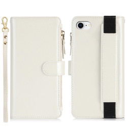For iPhone SE 2022 / SE 2020 Wristband Holder Zipper Purse RFID Leather Phone Case(White)