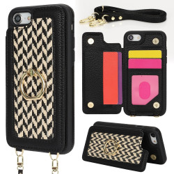 For iPhone 7 / 8 / SE 2020 2022 Double Bckle Card Slot Full Coverage Phone Case with Cross-body Strap(Black)
