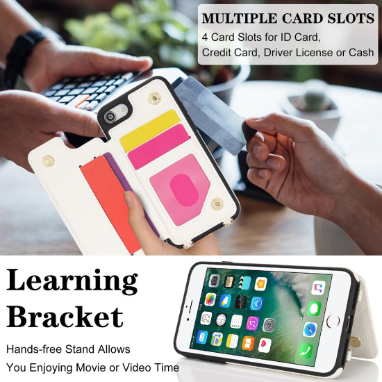 For iPhone 7 / 8 / SE 2020 2022 Double Bckle Card Slot Full Coverage Phone Case with Cross-body Strap(White)