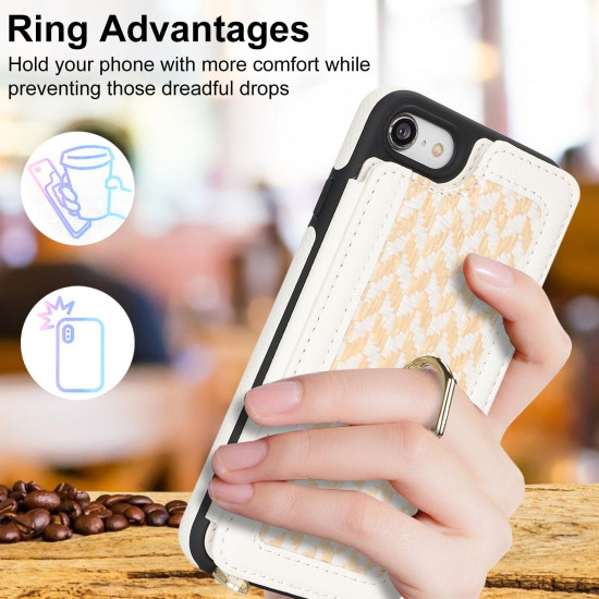 For iPhone 7 / 8 / SE 2020 2022 Double Bckle Card Slot Full Coverage Phone Case with Cross-body Strap(White)