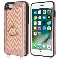 For iPhone 7 / 8 / SE 2020 2022 Double Bckle Card Slot Full Coverage Phone Case with Cross-body Strap(Rose Gold)